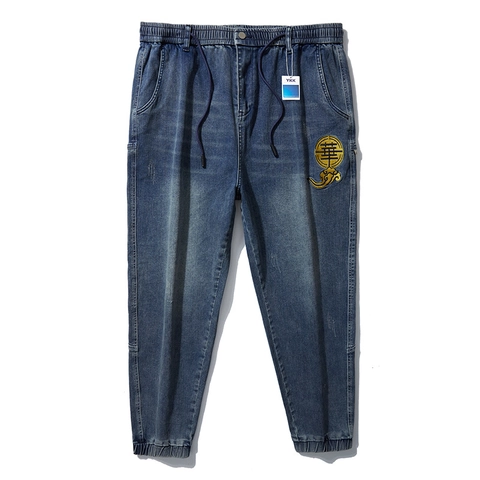Herren Übergröße Denim Jogger Baumwollmischung Elastischer Bund Bestickt Gewaschen Blau Retro Casual Lose Jeans Hose