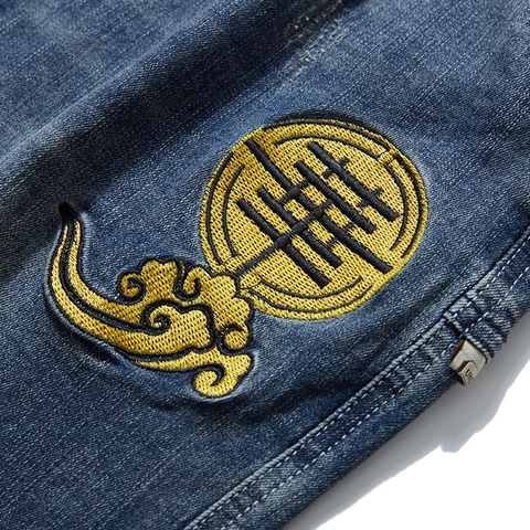 Herren Übergröße Denim Jogger Baumwollmischung Elastischer Bund Bestickt Gewaschen Blau Retro Casual Lose Jeans Hose