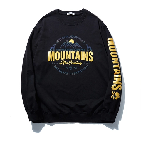 Men's Plus Size Sweatshirt Autumn Loose Crewneck Outdoor Adventure Graphic Gold Foil Print Black Long Sleeve Pullover