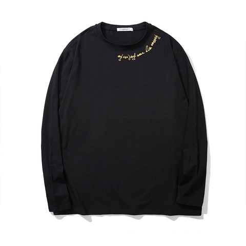 T-Shirt a Maniche Lunghe in Cotone Taglie Forti da Uomo Vestibilità Larga Stampa Grafica Girocollo Casual Nero