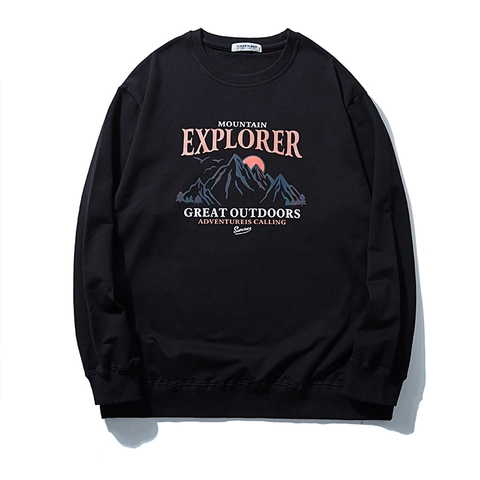 Sudadera de Algodón de Talla Grande para Hombre Estampado Mountain Explorer Cuello Redondo Casual Pullover de Manga Larga