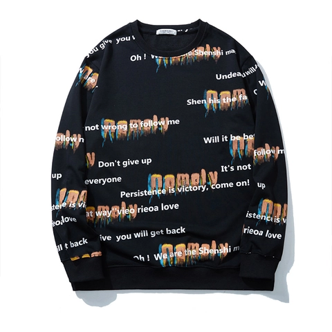 Felpa da Uomo Taglie Forti Streetwear Nera Stampa Graffiti a Lettere Colorate Girocollo Manica Lunga Pullover Casual Largo
