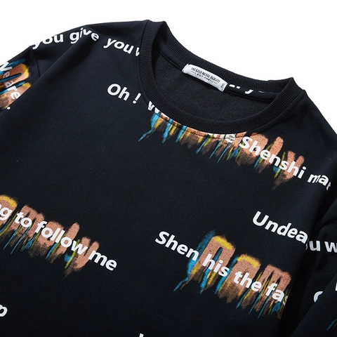 Felpa da Uomo Taglie Forti Streetwear Nera Stampa Graffiti a Lettere Colorate Girocollo Manica Lunga Pullover Casual Largo