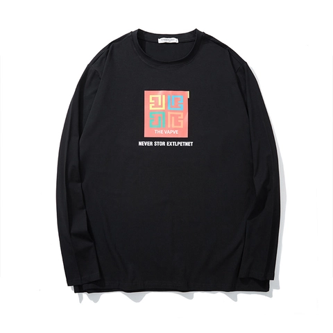 Men's Plus Size Casual Long Sleeve T-Shirt Cotton Printed Streetwear Loose Fit Black Tee For Autumn Spring
