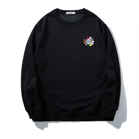 Sweatshirt Homme Grande Taille Mélange Coton Polyester Col Rond Broderie Florale Décontracté Noir