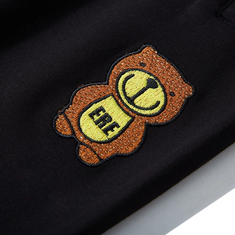 Plus Size Men's Jogger Sweatpants Cartoon Bear Embroidery Cotton Blend Drawstring Elastic Waist Casual Sporty Pants Black