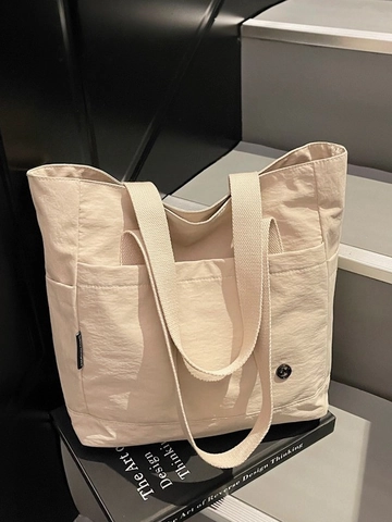 Bolso Tote de Tela para Mujer Gran Capacidad Diseño Minimalista Color Sólido Bolso de Hombro Multibolsillos Diario Compras Retro