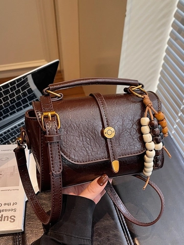 Vintage PU Leather Crossbody Bag For Women Patchwork Textured Handbag With Beaded Tassel Casual Urban Shoulder Bag Gift