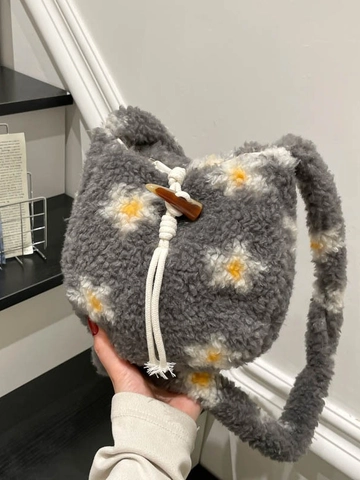 Süße Plüsch Blumen Umhängetasche Für Damen Kunstfell Kleine Kordelzug Beuteltasche Schultertasche Mit Hornknopf Für Herbst Winter