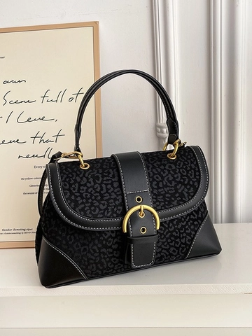 Borsa Vintage Con Stampa Leopardata da Donna Borsa a Sella in Pelle PU di Grande Capacità Borsa a Tracolla Cuciture a Contrasto