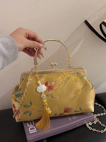 New Chinese Style Embroidery Clutch Bag Vintage Metal Frame Handbag For Women Satin Flower Crossbody Bag With Tassel Chain
