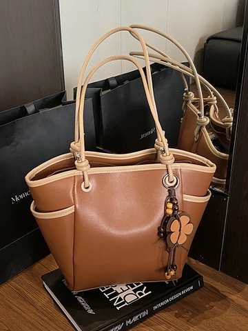 Sac Cabas Grande Capacité en Cuir PU pour Femmes Sac Seau Vintage Color Block Avec Pendentif Fleur en Perles de Bois
