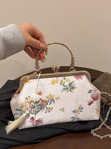 New Chinese Style Embroidery Clutch Bag Vintage Metal Frame Handbag For Women Satin Flower Crossbody Bag With Tassel Chain