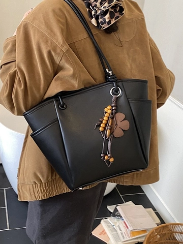 Sac Cabas Grande Capacité en Cuir PU pour Femmes Sac Seau Vintage Color Block Avec Pendentif Fleur en Perles de Bois