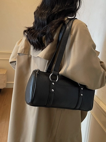 Vintage PU Leather Barrel Underarm Bag For Women Minimalist Solid Color Cylinder Shoulder Bag With Silver Rivet Decor