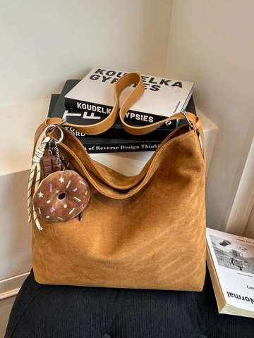 Large Capacity Suede Tote Bag Retro Commuter Hobo Shoulder Bag For Women With Creative Donut Charm Solid Color Casual Purse