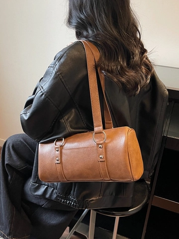 Vintage PU Leather Barrel Underarm Bag For Women Minimalist Solid Color Cylinder Shoulder Bag With Silver Rivet Decor