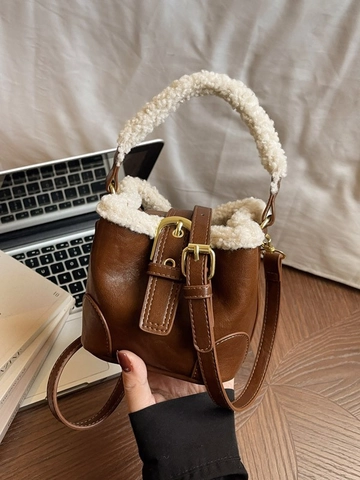 Sac Seau Rétro en Cuir PU avec Laine d'Agneau pour Femmes Mode Hiver Mini Sac à Bandoulière Peluche Chaude Petit Sac à Main