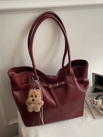 Women Large Capacity PU Leather Tote Bag Fashion Commuter Shoulder Bag With Plush Bear Pendant Retro Stitching Handbag