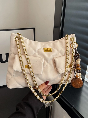 Borsa Tote Trapuntata Vintage da Donna in Pelle PU a Spalla Sottobraccio Con Catena Dorata e Ciondolo in Legno Retro