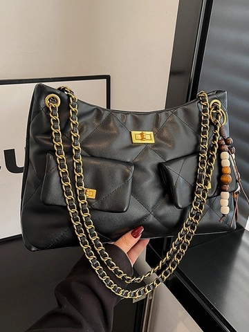 Borsa Tote Trapuntata Vintage da Donna in Pelle PU a Spalla Sottobraccio Con Catena Dorata e Ciondolo in Legno Retro