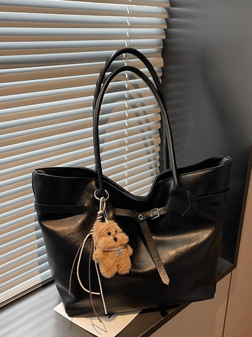 Borsa Tote da Donna in Pelle PU di Grande Capacità Borsa a Tracolla alla Moda con Ciondolo a Forma di Orso di Peluche