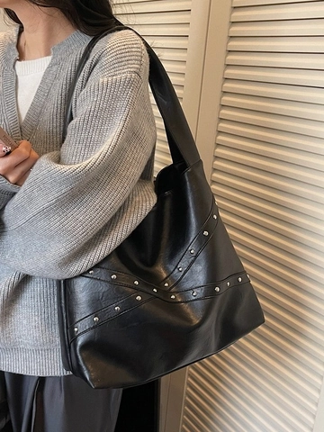 Borsa Tote in Pelle PU Vintage da Donna Grande Capacità Borsa a Tracolla Con Decorazione a Rivetti Argento Borsa Hobo