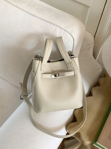 Women Retro Litchi Pattern PU Leather Bucket Bag Minimalist Turn-Lock Handbag Crossbody Tote With Adjustable Shoulder Strap