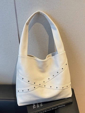 Borsa Tote in Pelle PU Vintage da Donna Grande Capacità Borsa a Tracolla Con Decorazione a Rivetti Argento Borsa Hobo