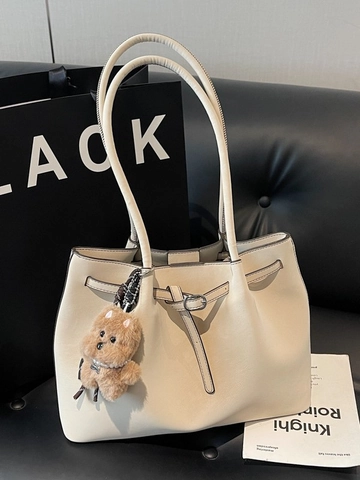 Bolso Tote de Cuero PU Moda Retro Costura Hebilla de Cinturón Colgante de Peluche Desmontable Bolso de Hombro para Mujer
