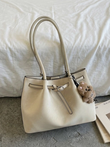 Bolso Tote de Cuero PU Moda Retro Costura Hebilla de Cinturón Colgante de Peluche Desmontable Bolso de Hombro para Mujer