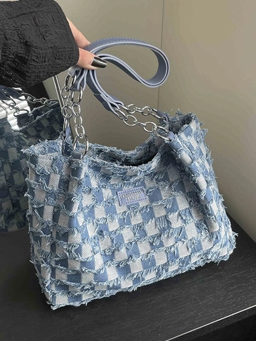 Vintage Denim Draagtas Dames Groot Schaakbordpatroon Gerafelde Randen Street Style Schoudertas Met Metalen Ketting Tas