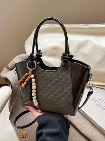 Women Urban Simple PU Leather Checkerboard Bucket Bag Beaded Pendant Shoulder Crossbody Bag Fashion Tote Bag