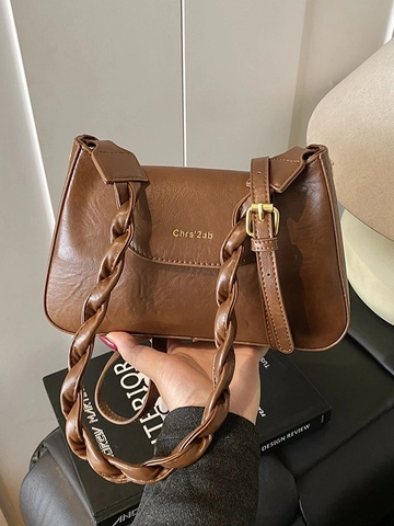 Vintage PU Leather Shoulder Bag For Women Solid Color Small Square Crossbody Bag With Braided Strap And Bead Charm