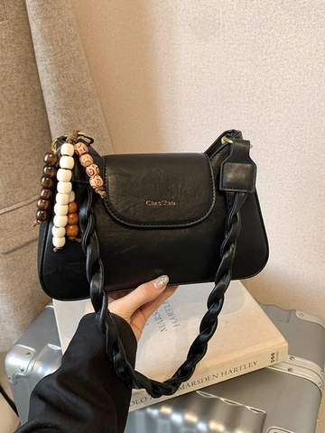 Vintage PU Leather Shoulder Bag For Women Solid Color Small Square Crossbody Bag With Braided Strap And Bead Charm