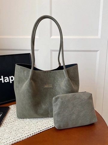 Ensemble Sac Cabas Vintage en Cuir PU Dépoli pour Femmes Sac à Épaule Rétro Grande Capacité Avec Petite Pochette