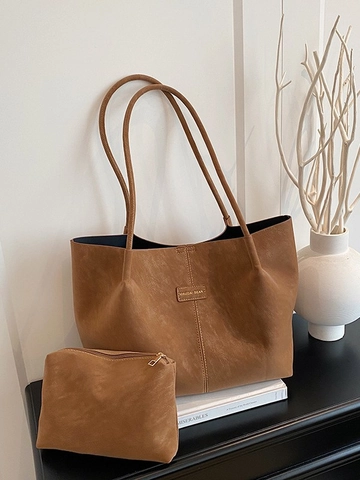 Ensemble Sac Cabas Vintage en Cuir PU Dépoli pour Femmes Sac à Épaule Rétro Grande Capacité Avec Petite Pochette