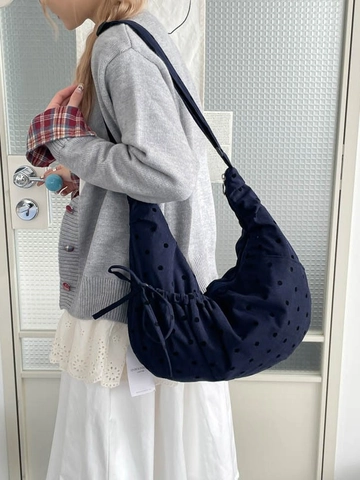 Borsa Hobo Retrò in Velluto a Coste da Donna con Pois Grande Capacità Coulisse Sottobraccio Borsa a Spalla Versatile Tracolla Casual