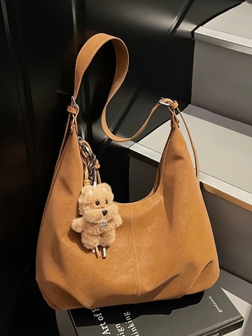 Retro Frosted PU Leather Large Capacity Tote Bag For Women Vintage Hobo Shoulder Bag With Cute Teddy Bear Plush Charm