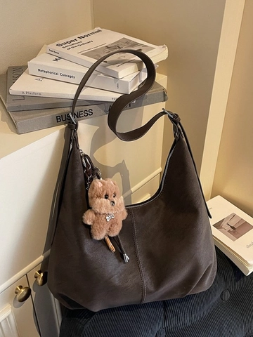 Retro Frosted PU Leather Large Capacity Tote Bag For Women Vintage Hobo Shoulder Bag With Cute Teddy Bear Plush Charm