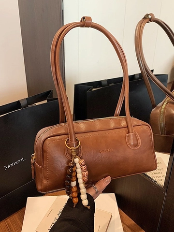 Vintage PU Leather Underarm Shoulder Bag For Women Large Capacity Solid Color With Beaded Charm Minimalist Daily Bag
