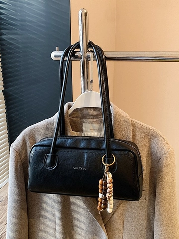 Vintage PU Leather Underarm Shoulder Bag For Women Large Capacity Solid Color With Beaded Charm Minimalist Daily Bag