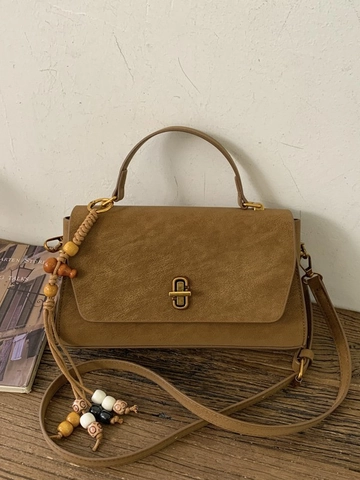 Damen Retro Spleißen PU Leder Schultertasche Mit Künstlichem Wildleder Klappe Holzperlen Quaste Dekor Umhängetasche