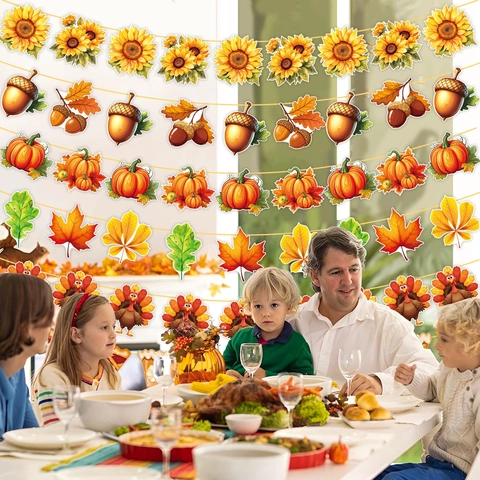 Thanksgiving Theme Banner Cardboard Garland Fall Autumn Festival Bunting Pumpkin Turkey Maple Leaf Wall Hanging Decoration