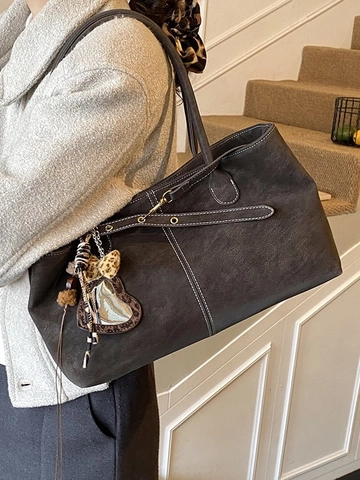 Borsa Tote Grande da Donna in Pelle PU Vintage Con Cuciture a Contrasto Borsa a Tracolla Pendente Cuore Leopardato