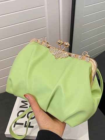 Dames Geplooide Wolk Tas PU Leer Kiss Lock Crossbody Tas Strass Vlinder Bloem Decoratieve Avond Schoudertas