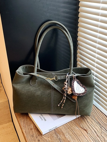 Borsa Tote Grande da Donna in Pelle PU Vintage Con Cuciture a Contrasto Borsa a Tracolla Pendente Cuore Leopardato