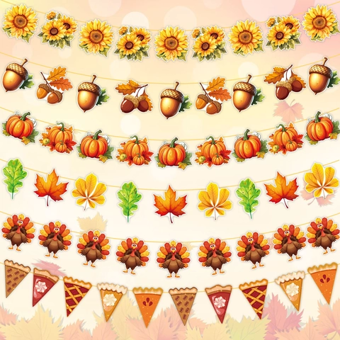 Thanksgiving Theme Banner Cardboard Garland Fall Autumn Festival Bunting Pumpkin Turkey Maple Leaf Wall Hanging Decoration
