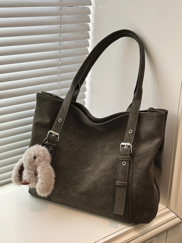 Large Capacity PU Leather Tote Bag For Women Solid Color Stitching Commuter Shoulder Bag With Plush Rabbit Pendant Fashion Handbag