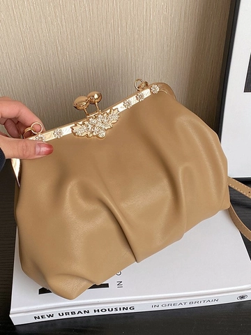 Dames Geplooide Wolk Tas PU Leer Kiss Lock Crossbody Tas Strass Vlinder Bloem Decoratieve Avond Schoudertas